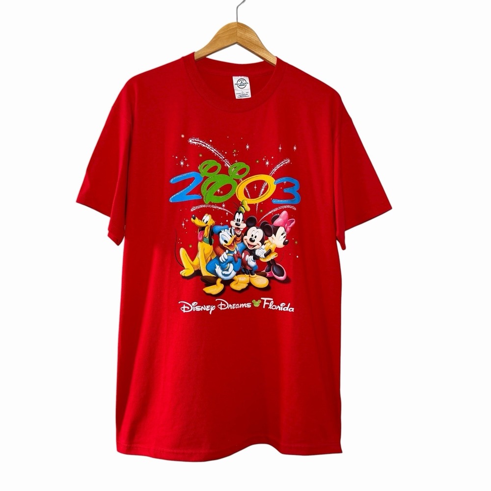 Vtg 2003 Delta Disney‎ Dreams Florida Tee L Red Mickey Goofy Donald Pluto USA